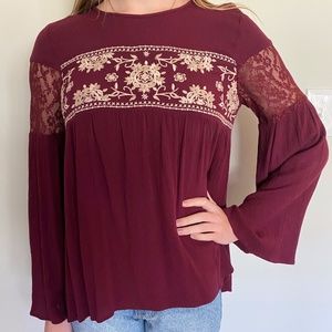 Flowy Maroon and Detailed Long Sleeve Top